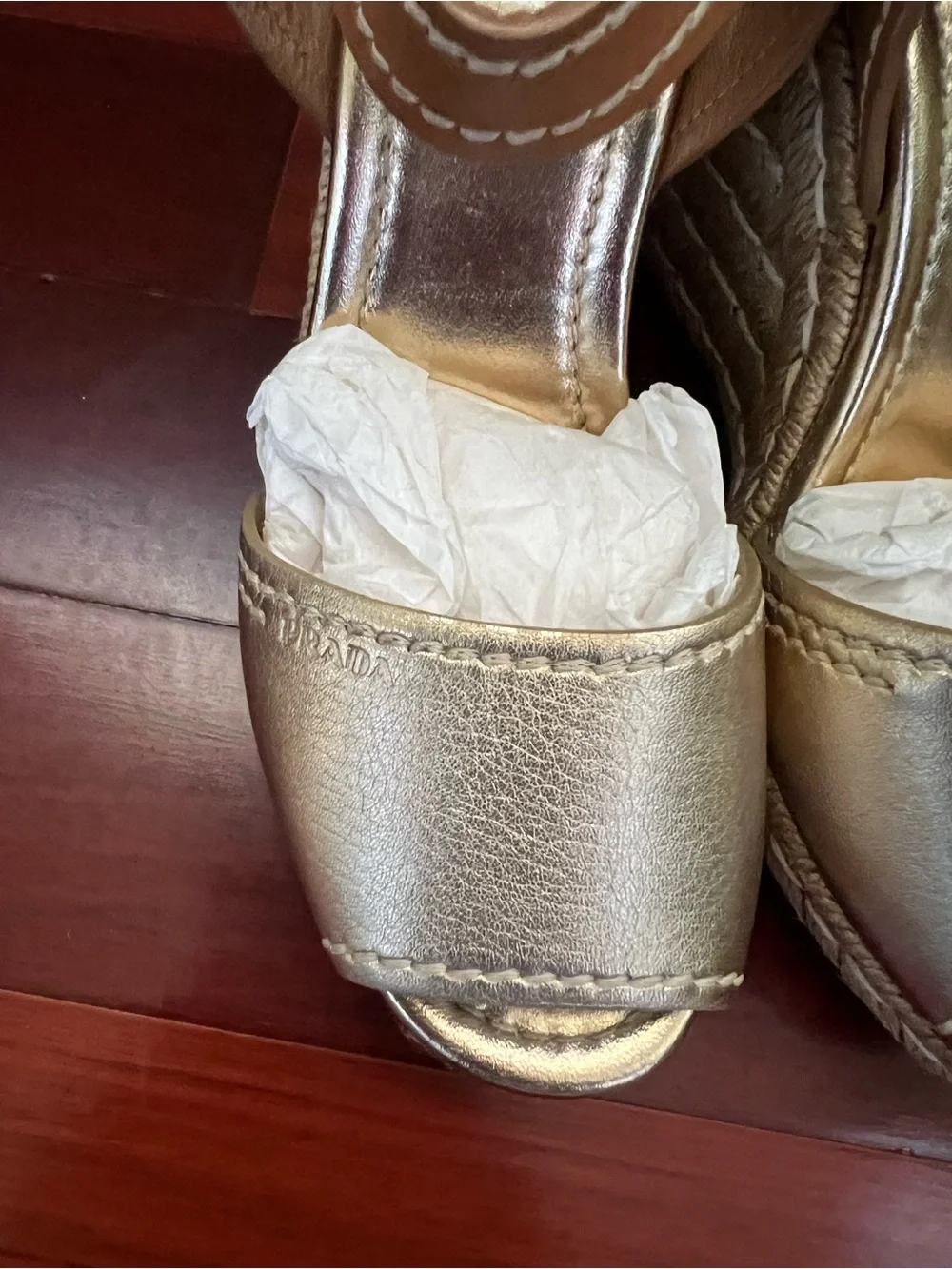 Prada Metallic Gold and Tan Leather Wedge Sandals